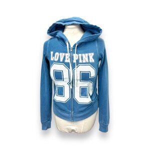 Victorias Secret Pink Blue Hoodie Love Pink 86 Graphic Full Zip Womens Size L Co